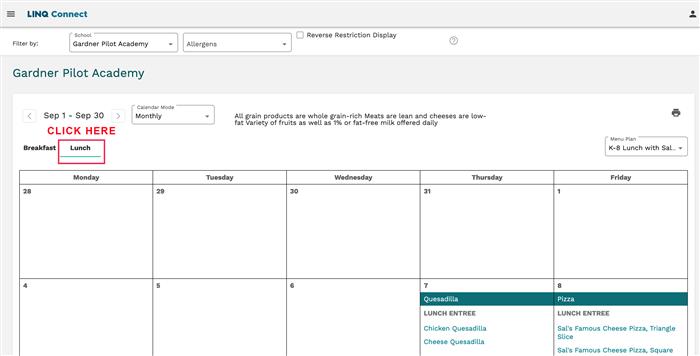 screen shot of lunch menu